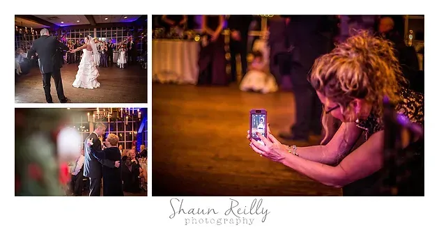Wedding reception collage with a bride and groom, dancing guests, and a woman taking a phone photo