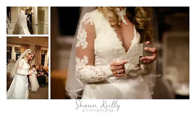 Bride in a white lace dress, holding a champagne glass at a wedding reception