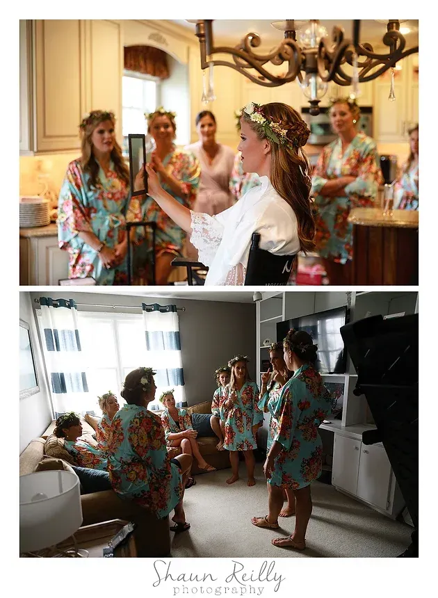 Women in colorful robes getting ready in a bright room, chatting by mirrors and a window