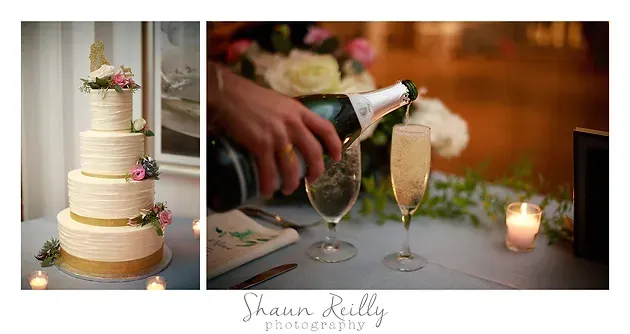 Wedding cake and champagne glasses being poured, with soft floral décor and warm candlelight.