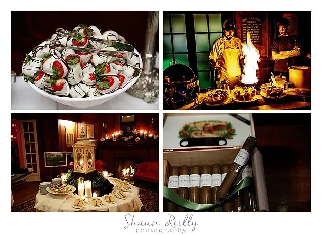 Food and dining collage: salad plate, chef at flaming stove, candlelit table, and stacked napkins on a table