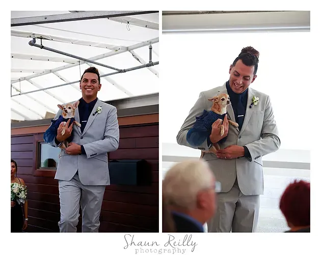 Man in a light gray suit holding a small dog at a wedding ceremony
