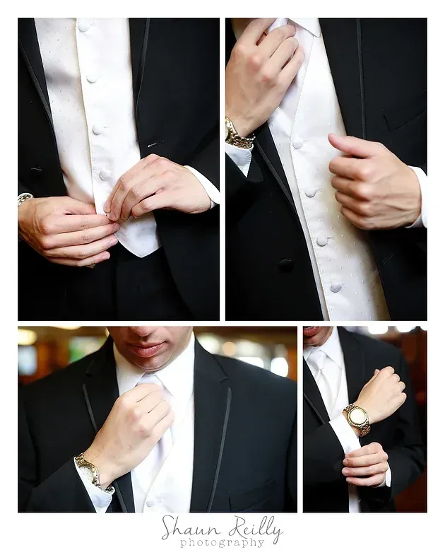 Close-up collage of a man adjusting a black suit jacket, white shirt, cufflinks, and tie.