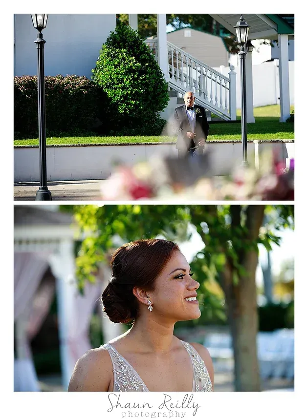 Side-by-side wedding portraits: outdoor walkway and smiling bride in profile with veil and white dress