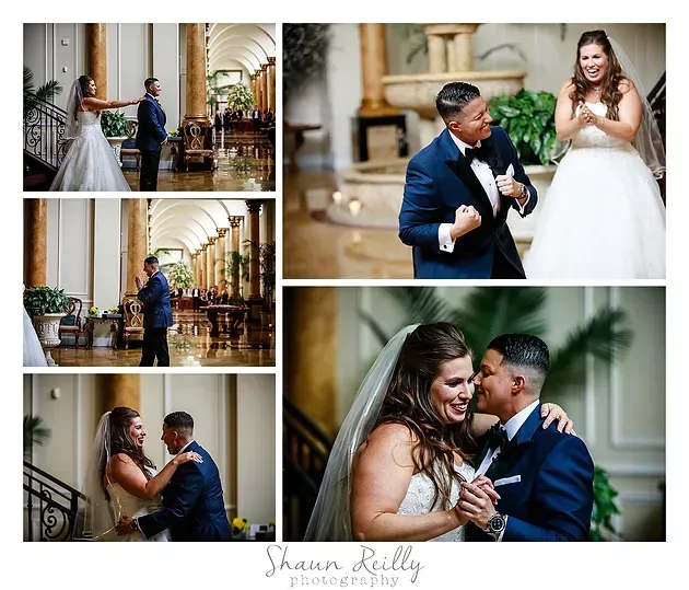 Wedding couple embracing in a church, with candid ceremony and portrait shots in a collage