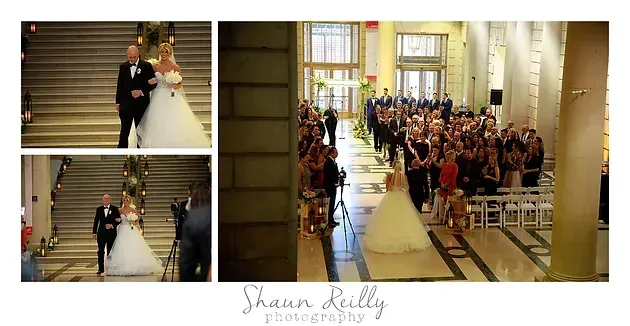 Bridal couple walking down church aisle as guests stand and watch during wedding ceremony