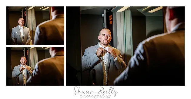 Three-panel wedding prep portrait of a man adjusting his tie in a suit indoors