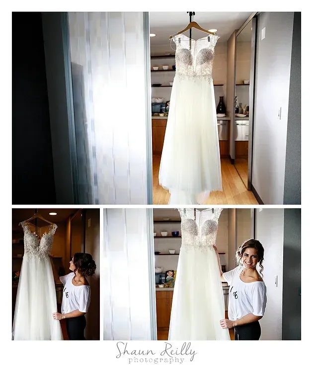 Wedding dress hanging in a doorway, with a bride preparing nearby in a three-panel collage.