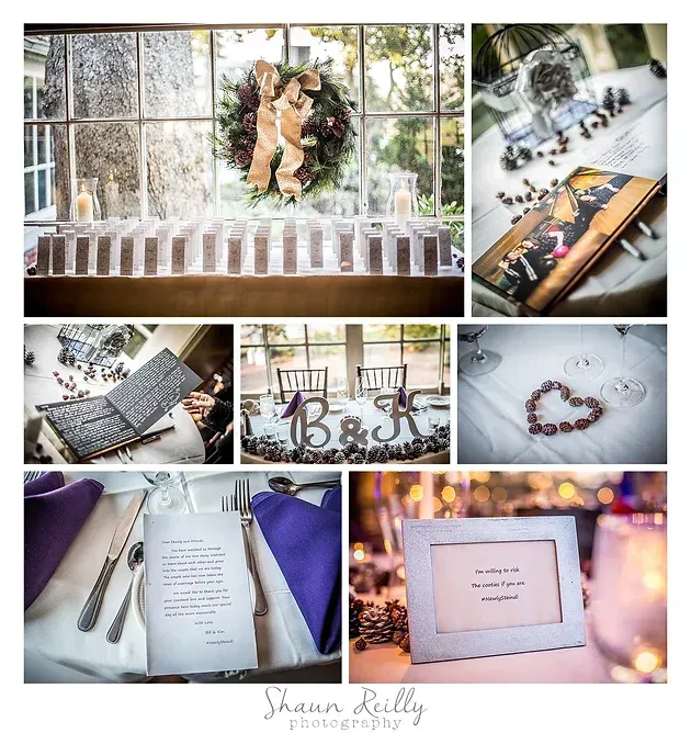 Wedding details collage with floral arch, table settings, place cards, rings, vows, and purple accents