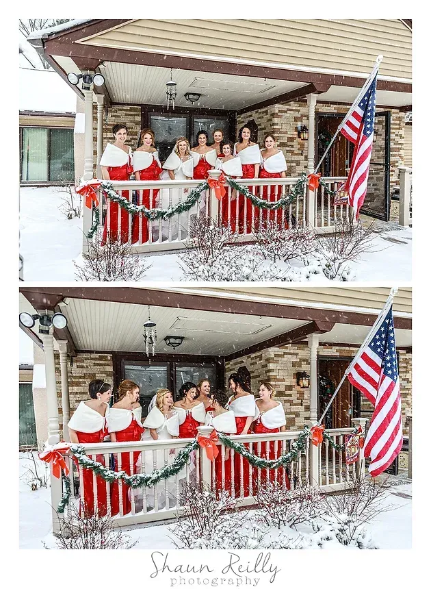 Two stacked group portraits on a snowy porch, people in red and white posing behind garland with an American flag.