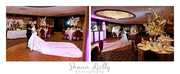 Bridal portrait collage in a warmly lit hotel ballroom with tables and gold floral decor