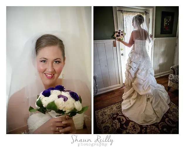 Bride in a white gown holding a bouquet, shown in a close-up and full-length wedding portrait.