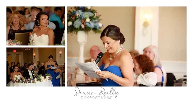 Woman speaking into a microphone at a formal event, with a collage of audience and candid ceremony photos