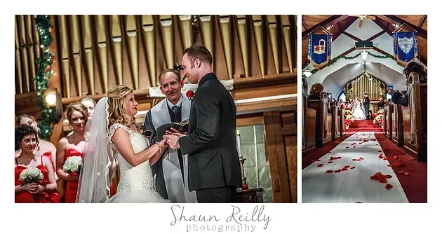 Bride and groom exchange vows in a church, with red and white petals lining the aisle.