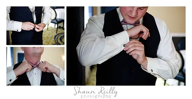 Man in vest adjusting cufflinks and collar in a wedding preparation collage