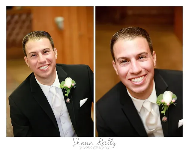 Side-by-side portrait photos of a smiling groom in a black tuxedo with a white boutonniere.