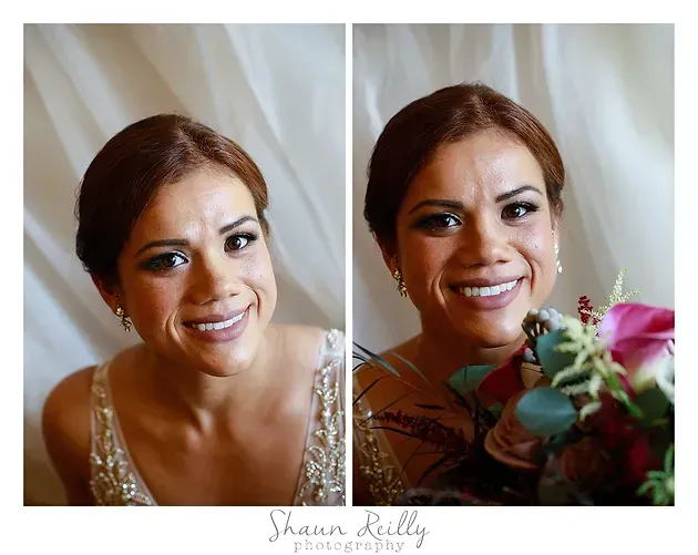 Side-by-side bridal portraits of a smiling woman in a beaded dress, with white drapery and flowers