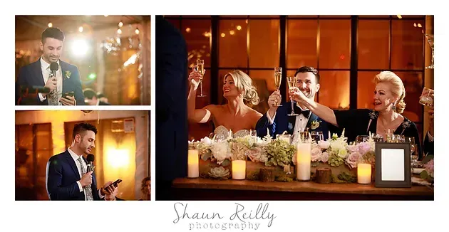 Wedding reception collage with bride and groom raising glasses, candles, and warm string lights