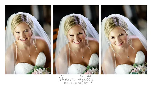 Three side-by-side wedding portraits of a smiling bride in a white dress and veil holding flowers