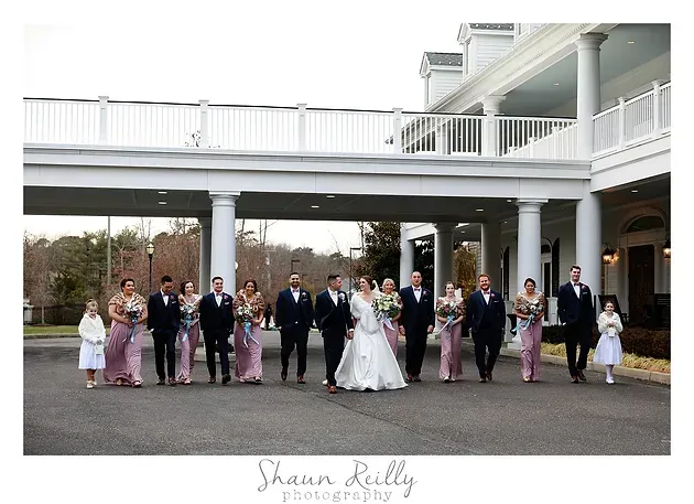 Wedding party posing outside a white-columned building.