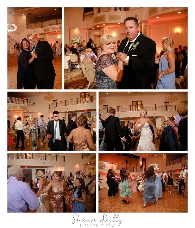 Guests dancing at a warmly lit indoor reception in a six-photo collage
