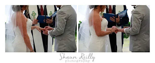 Bride and groom exchanging rings during a wedding ceremony on a beach, shown in side-by-side photos