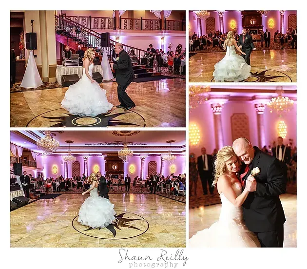 Wedding couple dancing in a pink-lit ballroom, with a close-up of their embrace and wide reception views
