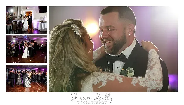Wedding couple sharing a joyful dance under soft purple lights, with three ceremony photos on the left.