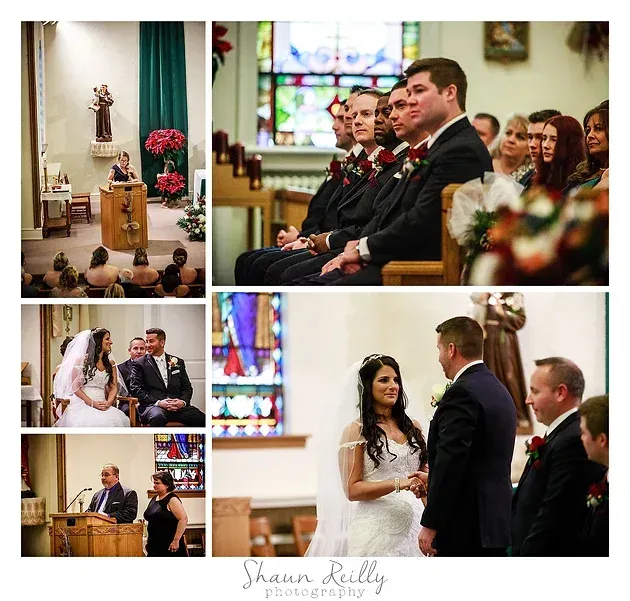 Wedding collage in a church: couple, guests, and ceremony moments with stained-glass backdrop