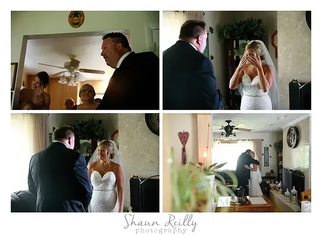 Bride and groom in a small indoor wedding ceremony, exchanging vows and kissing.