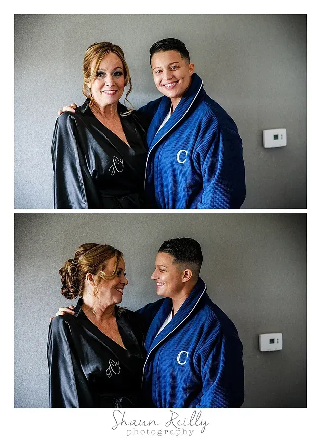 Two people in blue robes smiling and facing each other in a split portrait.