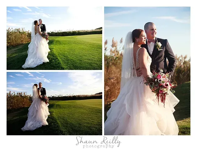 Bride and groom posing outdoors in a sunny green field, with close-up and full-length wedding photos