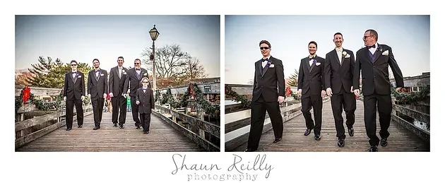 Two-panel wedding portraits of six people in formal suits on a bridge and in a street with a white car.