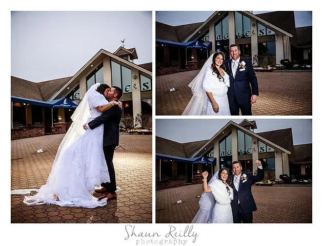 Wedding couple posing and embracing outside a building in formal attire, with three photo collage layout