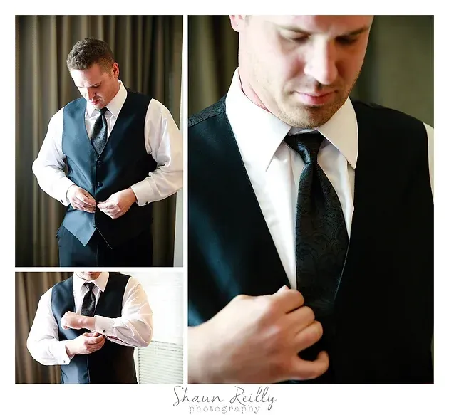 Man in a black vest and tie adjusting his suit in three close-up wedding prep shots