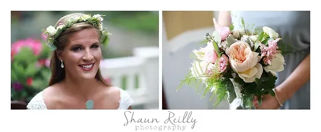 Bride smiling in a flower crown beside a pastel bridal bouquet and watermark logo