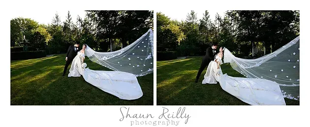Bride in white gown twirling a flowing veil in a sunny garden, shown in two side-by-side photos