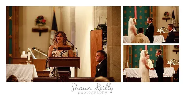 Bride speaking at a church podium, with groom and wedding guests in inset photos on the right