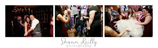 Wedding dance floor collage with bride and guests celebrating in formal attire