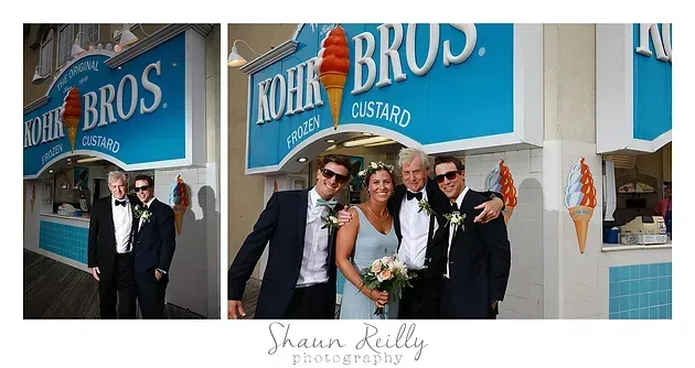 Wedding party posing outside a blue storefront with a “Kohler Bros. Cigar” sign