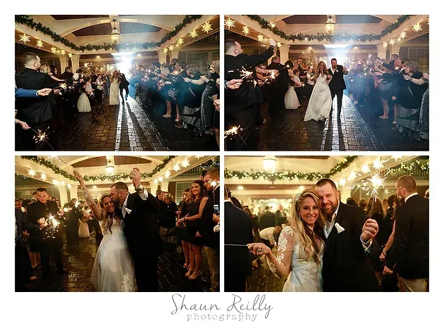 Wedding reception collage with bride and groom dancing under warm lights
