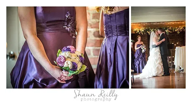 Wedding collage with purple bridesmaid dresses and a lavender bouquet, including a ceremony scene.