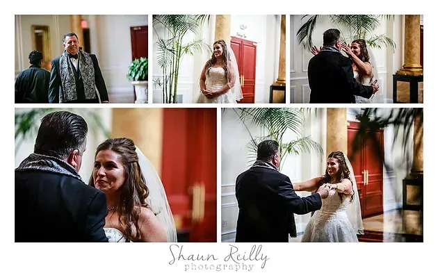 Wedding couple posing and embracing in a bright indoor venue, with floral and red wall backdrops