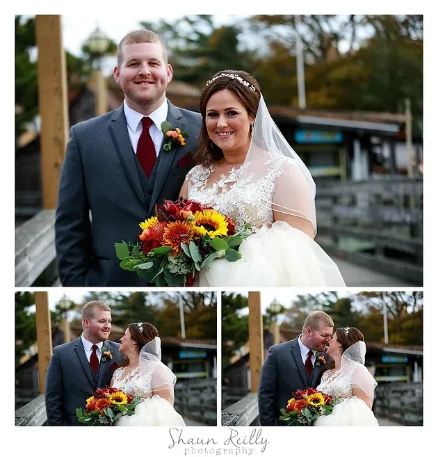 Wedding couple posing outdoors with a colorful bouquet; smaller photos show them smiling and kissing