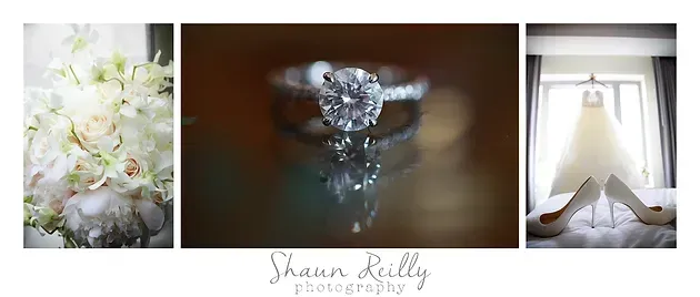 Three-panel wedding collage: white flowers, jeweled ring in soft focus, and a white bridal gown by a window