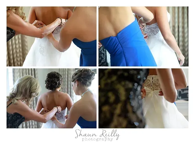Wedding dress being buttoned by three helpers, with close-ups of blue and white fabric details.