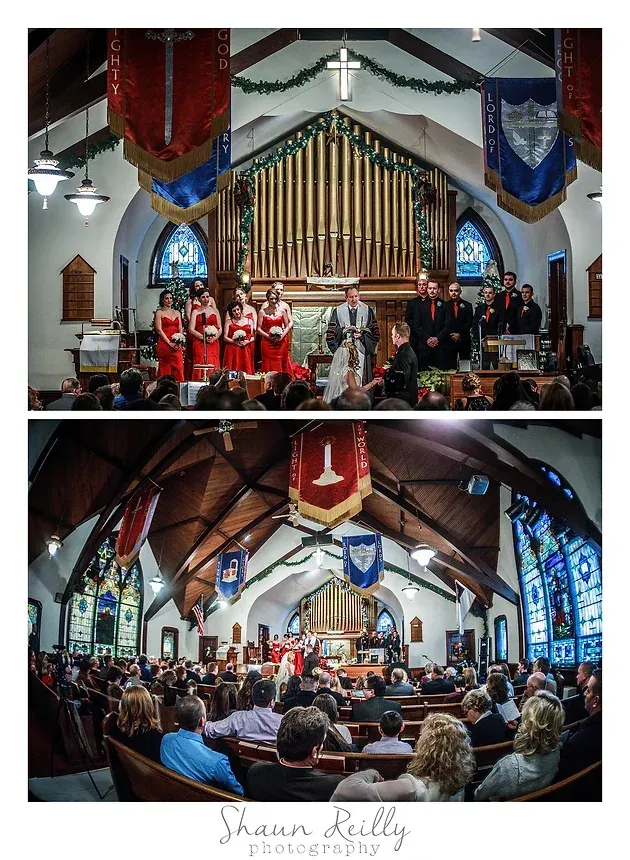 Church choir singing inside a decorated sanctuary, shown in two wide views with red and blue banners.
