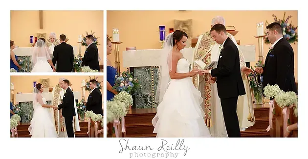 Wedding ceremony collage with bride and groom exchanging vows indoors, with guests nearby