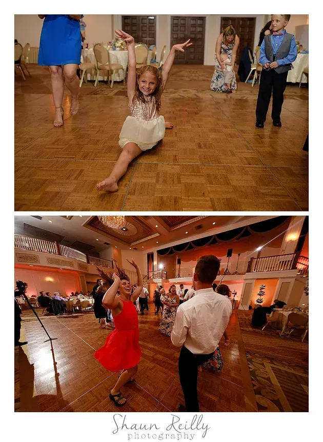 Children dancing at a formal event in a warmly lit banquet hall