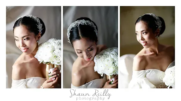 Bride holding white bouquet in three soft portrait shots, wearing a strapless white dress and looking down or at camera